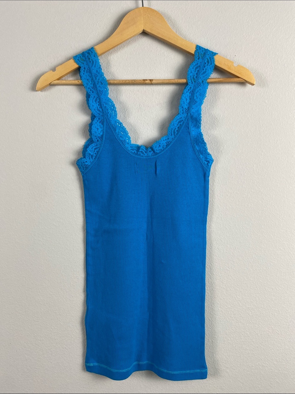Hollister Lace Embroidered Ribbed Camisole/Tank Top | Aqua Blue - Picture 2 of 14